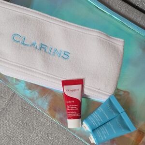 Clarins Skincare Samples with Bag & White Headband, 5pc Total